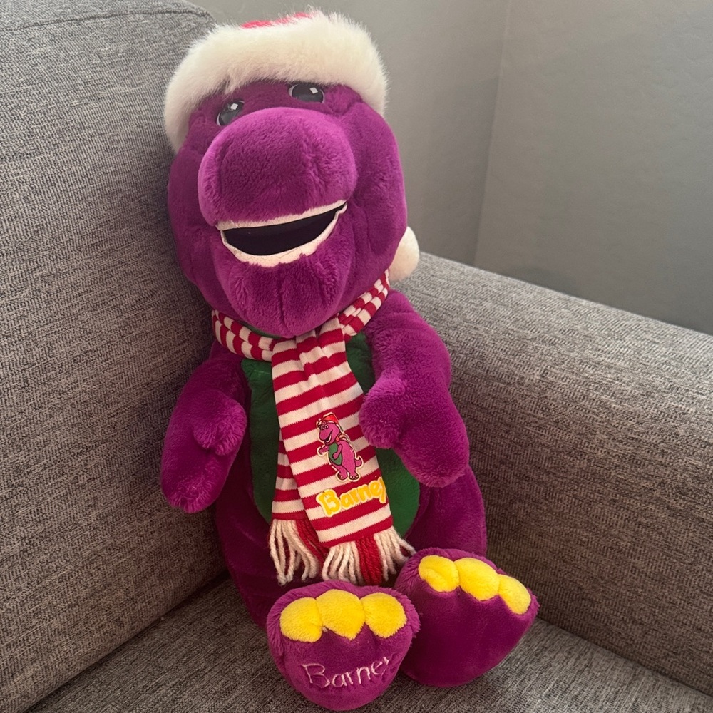 Barney Plush Toy with Santa Hat and Scarf
